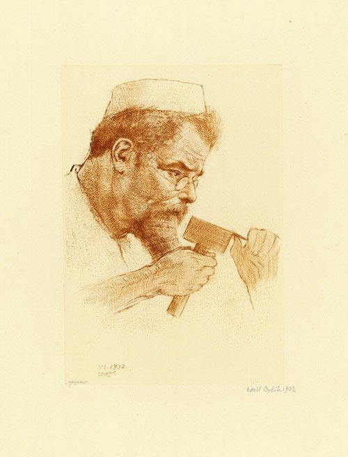 Orlik, Emil: Max Klinger bei der Arbeit: Porträt Max Klinger bei der Arbeit. Kaltnadel und Roulette in Rötel auf chamoisfarbenen Japan. 19,6 x 13,3 cm (Plattenrand); 47,8 x 32,5 cm (Blattgröße). Signiert, auch vom Drucker Otto Felsing, u