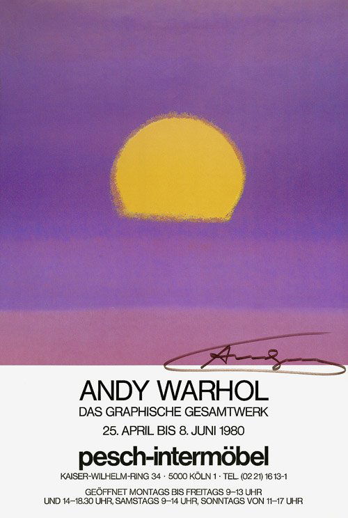 Warhol, Andy: Sunset, Plakat: Ausstellungsplakat zu "Andy Warhol. Das graphische Gesamtwerk. 25. April bis 8. Juni 1980". Farboffset auf dünnem Papier. 58 x 55,3 cm (Darstellung); 82,5 x 55,3 cm (Blattgröße). Signiert