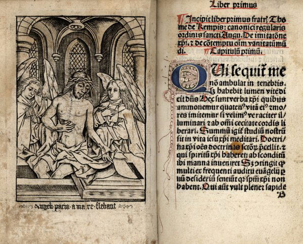 Thomas a Kempis: Imitatio Christi. Straßburg, J. P: Thomas a Kempis. Imitatio Christi. 168 nn. Bl. 22 Zeilen. Got. Typ. Schriftraum: 9,5 x 5,5 cm. Format: 13 x 9 cm. Mit 4 sechszeiligen gefüllten Initialen in Blau mit dunkelrotem Federwerk, zahlreiche