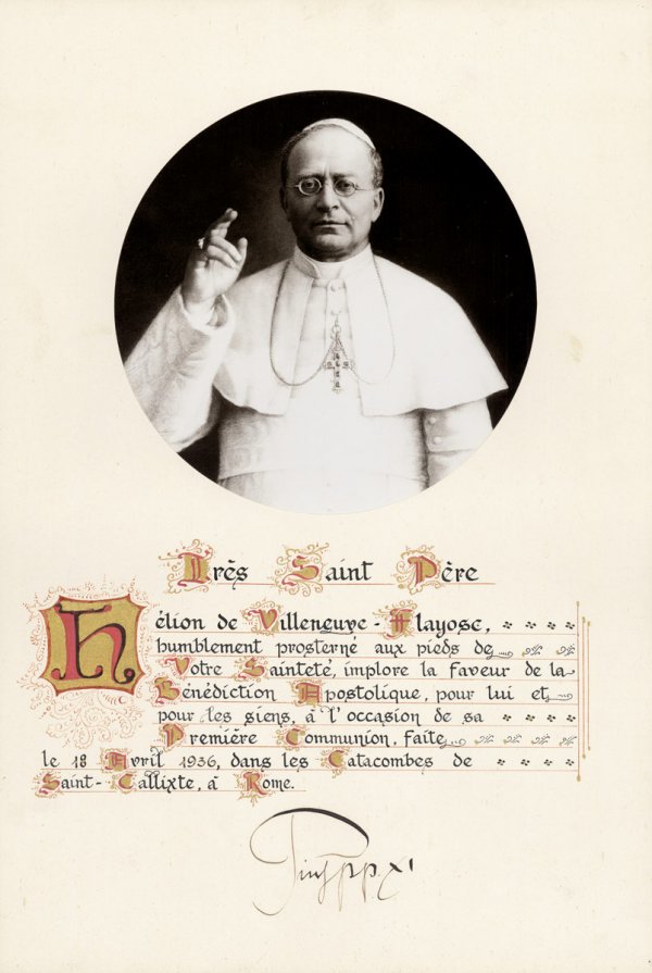 Pius XI., röm. Papst: Signierte Urkunde mit Portr: Pius XI., röm. Papst - Pius XI., vormals Achille Ambrogio Damiano Ratti (1857-1922-1939). Urkunde m. U. "Pius pp. XI". Handschrift in franz. Sprache. 1 S. Mehrfarbig kalligraphisch gestalte