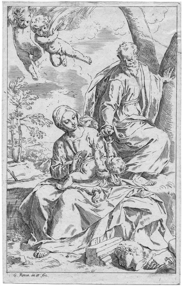 Cantarini, Simone, gen. Il Pesarese: Die Ruhe auf: Die Ruhe auf der Flucht mit zwei Engeln. Radierung. 31,2 x 19,5 cm. B. 2 II, Bellini 2 II. Wz. (Undeutlich). Bartsch verweist in seinem Band 18 (Reni), S. 313 darauf, dass das seltene Blatt aufgrund d
