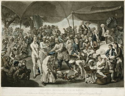 Earlom, Richard: Indisches Hahnengefecht: Indisches Hahnengefecht (Colonel Mordaunt´s Cock Match). Koloriertes Schabkunstblatt, nach J. Zoffany. 45,3 x 57,4 cm. (1792). Wessely 120. Nach dem GemÄlde von Johann Joseph Zoffany. Ganz ausge