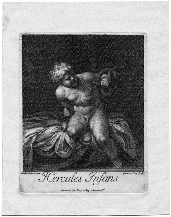 Frey, Jakob: Herkules als Kind: Herkules als Kind mit den Schlangen. Radierung, nach Annibale Carracci. 18,7 x 15 cm. Le Blanc 54. Laut Le Blanc ein seltenes Blatt. Ganz ausgezeichneter, gleichmÄßiger Druck mit Rand um di