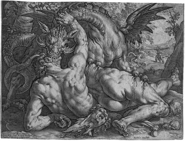 Goltzius, Hendrik: Drachen vernichtet die Freunde: Der Drachen vernichtet die Freunde des Cadmus. Kupferstich, nach Cornelisz. von Haarlem. 23,8 x 31,1 cm. B. 262, Hollstein 310 IV. Wz. Wappen von Amsterdam. Ausgezeichneter Druck an zwei Seiten mit fe