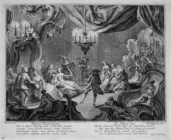 Mondon, Jean - nach: Die Tageszeiten: nach. Die Tageszeiten. 4 Kupferstiche von Johann Balthasar Probst. Je ca. 34,2 x 43 cm. Die vollstÄndige Folge in ganz ausgezeichneten Drucken mit RÄndchen. Etwas vergilbt, stockfleckig und