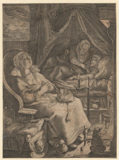 Saenredam, Jan: Die Nacht: Die Nacht. Kupferstich, nach Hendrik Goltzius. 20 x 14,7 cm. B. 94, Hollstein 100 wohl II (von II). Aus der Folge der Vier Tageszeiten. Sehr guter, gleichmÄßiger Druck mit der vollen Darste