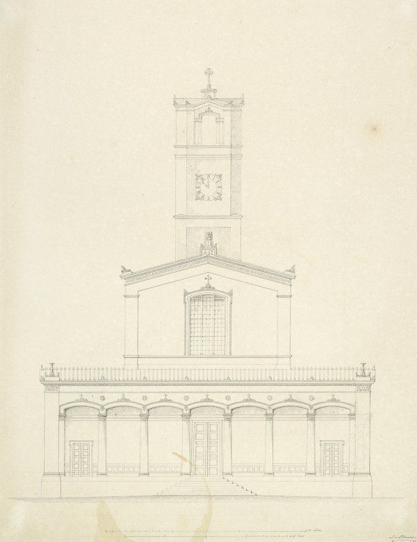 Klenze, Leo von: Fassaden-Entwürfe zu einer griec: Fassaden-Entwürfe zum Projekt einer griechischen Kirche. Zwei Federzeichnungen in Schwarz über Bleistift. 56,8 x 38,3 cm und 49,2 x 38,2 cm. Ein Blatt mit Feder signiert "LvKlenze"