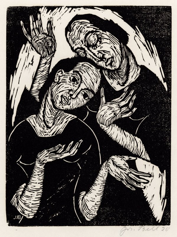 Bell, Josef: Mann und Frau: Mann und Frau. Linolschnitt auf strukturiertem Velin. 23,7 x 17,5 cm (Darstellung); 42,3 x 26,5 cm (Blattgröße). Signiert und datiert. (19)20. Prachtvoller Druck mit dem vollen Rand. Leicht