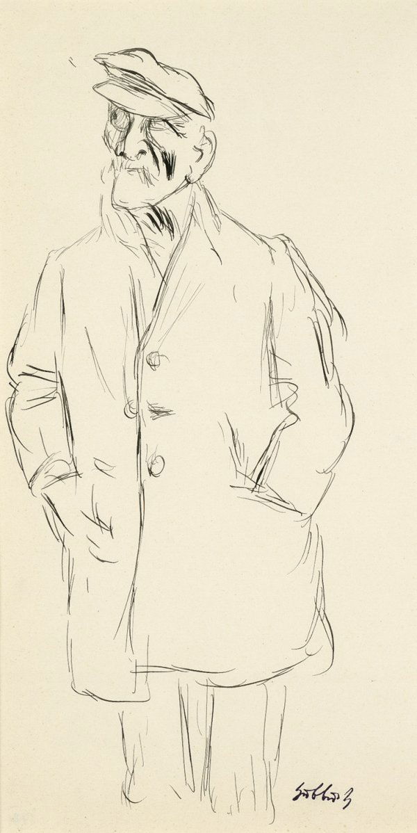 Hubbuch, Karl: Mann im Mantel mit Schiebermütze: Mann im Mantel mit Schiebermütze. Feder auf Velin. 31,5 x 23,5 cm. Unten mittig mit dem Signaturstempel des Künstlers.