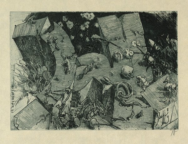 Janssen, Horst: Memorial I: Memorial I. Radierung mit Kaltnadel und Aquatinta auf gelblichem Japanbütten. 21,1 x 29,6 cm (Plattenrand); 33,1 x 41 cm (Blattgröße). Monogrammiert. (1983). Kruglewsky 74. Verso mit d