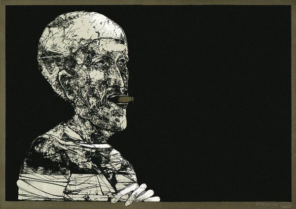 Plattner, Karl: Mann mit Zigarre: Mann mit Zigarre. Farblithographie auf festem Velin. 50,4 x 70 cm (Darstellungs- und Blattgröße). Signiert und datiert. Auflage 100 num. Ex. (19)76. Vgl. Belli 152. Bei Belli spiegelverkehr