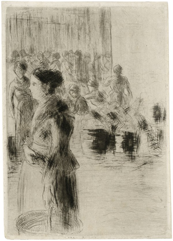 Pissarro, Camille: La Bonne Faisant son Marché: La Bonne Faisant son Marché. Radierung auf China. 19 x 13,2 cm. (1888). Delteil 74 (I v. IV). KrÄftiger Druck mit schmalem Rand. Auf Unterlagekarton montiert. Verso minimaler Papierabrieb 
