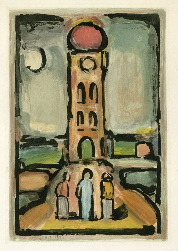 Rouault, Georges: Paysage à la tour: Paysage à la tour. Farbaquatintaradierung auf Velin. 31,3 x 21,5 cm (Plattenrand); 44 x 34 cm (Blattgröße). Auflage 250 Ex. 1938. Chapon/Rouault 281. Blatt der Folge "Les Fleurs