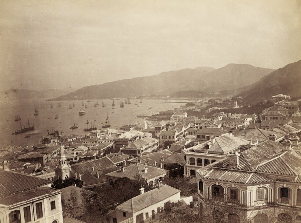 China: Views of Hong Kong: Photographer unknown.Views of Hong Kong, public gardens and harbor. 1880s. 5 albumen prints. Each circa 21 x 28 cm. Each mounted to album boards (soiling and foxing in edges), each annotated in ink in