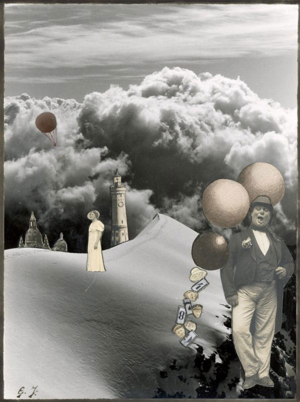 Jonas, Genja: Surrealistic photo collage: Surrealistic photo collage. 1920s. Vintage gelatin silver print with applied photographic and paper elements. 23,7 x 17,5 cm. Photographer's monogram in ink in lower left corner. Genja Jonas was acqua