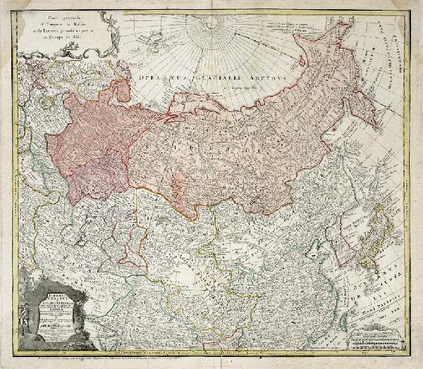 Russland (Hase/Homann): Imperii Russici ... tabula: Russland (Hase/Homann) - (mit Teilen von Japan) Imperii Russici et Tatariae universae tam majoris et Asiaticae quam minoris et Europaeae tabula ... Kupferstich mit drei dekorativen Kartuschen sowie mi