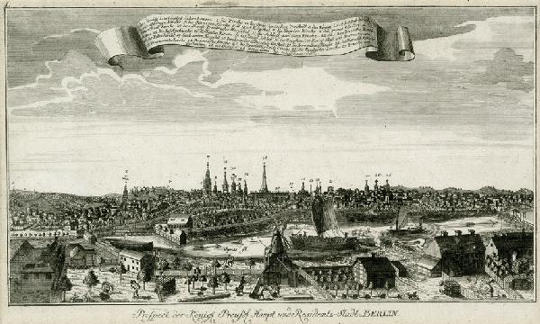 Berlin (Schleuen): Prospect der ... Stadt Berlin/Ar: Berlin (Schleuen) - Prospect der Königl. Preuß. Haupt und Residentz-Stadt Berlin. Kupferstich. 21 x 33,5 cm. (Johann David Schleuen, 1748). Herrrlicher Druck mit breitem Rand, die Darstellu