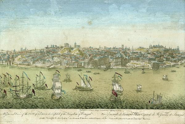 Lissabon: A General View: Lissabon. A General View of the City of Lisbone the Capitel of the Kingdom of Portugal. Radierung mit zeitgenöss. Kolorit. 25 x 38,2 cm. Publish'd ... 1752. London Prented for ... Overton ...