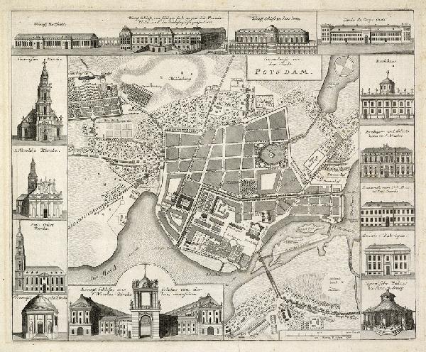 Potsdam: Grundriss von der Stadt: Potsdam. Grundriss von der Stadt Potsdam. Umgeben von 13 kleinen Veduten der berühmtesten Gebäude. Anonymer Kupferstich. 36 x 44 cm. In der Art von Johann David Schleuen. Um 1740. Ausgezeich