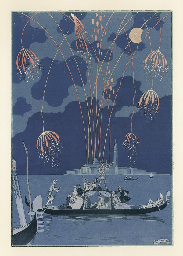 Verlaine, Paul: Fêtes galantes: Verlaine, Paul. Fêtes galantes. 100 S., 2 Bl. Mit farbigem Titel und 20 Farbtafeln, teils mit Silber und Gold gehöht, nach Aquarellen von Georges Barbier. 30,5 x 23,5 cm. Unbeschnittene farbig i