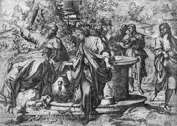 Brizio, Francesco: Christus und die Samariterin: Christus und die Samariterin. Kupferstich nach Annibale Carracci. 28,9 x 40,2 cm. 1610. B. (Annibale Carracci) 7, TIB (Annibale Carracci) .031; B. (Guido Reni) 52, TIB (Guido Reni, Rejected works) .00