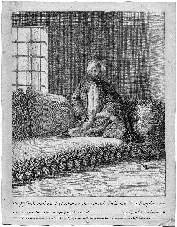 Liotard, Jean Étienne - nach: Un effendi ami du T: nach. Un effendi ami du Tefterdar ou du Grand trésorier de l'empire. Radierung, von Pierre François Tardieu. 26,4 x 20,5 cm. 1751. Nicht bei Heller-Andresen, Tilanus 92, Roethlisberger/Loche 201. Na