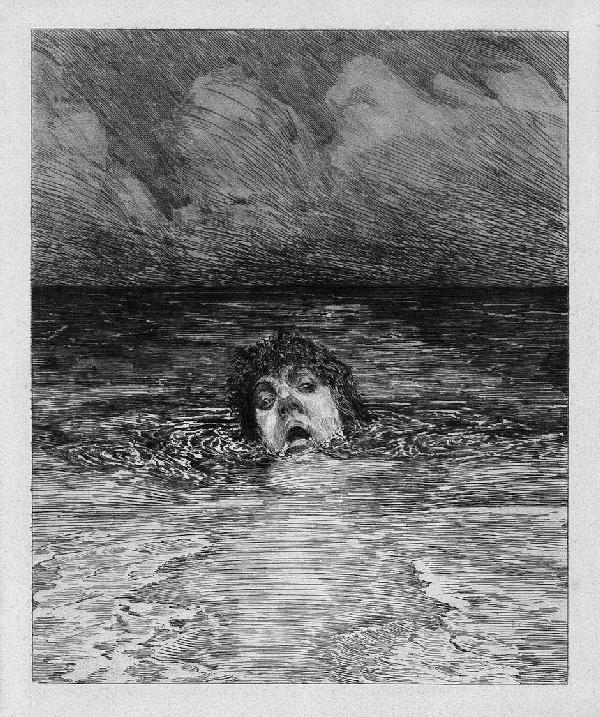 Klinger, Max: Der Untergang: Untergang. Radierung mit Kaltnadel auf gelblichen Kupferdruckpapier. 27,5 x 22,5 cm. (1884). Singer 138 (wohl) V (von VI). In Bleistift im Unterrand bez. "Max Klinger" (vom Passepartout überdeckt). B