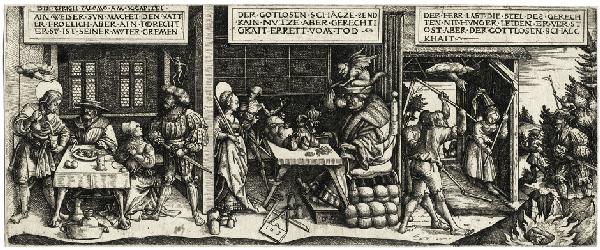 Hopfer, Daniel: Drei Sprüche des Salomon: Drei Sprüche Salomos. Radierung. 14 x 34,7 cm. B. 30, Hollstein 4 I (von III). Vor der Funck-Nummer "13" unten links. Prachtvoller, sehr schön kräftiger Druck mit zahlreichen