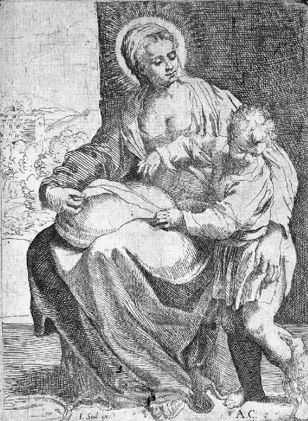 Brizio, Francesco: Die Madonna mit dem Kissen: Die Madonna mit dem Kissen. Kupferstich mit Radierung. 16,1 x 11,7 cm. TIB (Commentary, Annibale Carracci) .028 (dort als falsche Zuschreibung an Annibale Carracci dargestellt und an Francesco Brizio