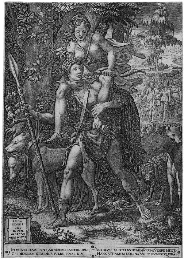 Ghisi, Giorgio: Allegorie der Jagd: Allegorie der Jagd (Der Jäger Orion trägt Diana, Göttin des Waldes auf seinen Schultern). Kupferstich nach Luca Penni. 35,8 x 25,5 cm. B. 43 II, Lewis/Lewis 21 wohl II (von IV). Wz. Adl