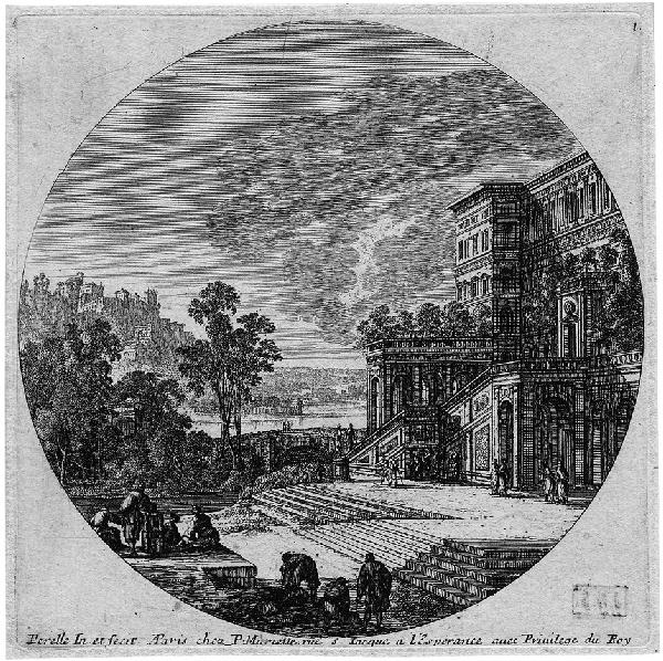 Perelle, Gabriel: Sechs Landschaften im Rund: Sechs südliche Landschaften im Rund. 6 Radierungen. Je ca. 12,5 x 12,5 cm. Le Blanc, aus 77-102 (?). Wz. Kronenwappen mit Posthorn. Die abwechslungsreich und mit schöner Detailfreude gestalt