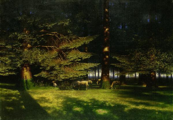Keller-Reutlingen, Paul-Wilhelm: Waldlichtung mit: Waldlichtung im Abendlicht mit grasenden Schafen. Öl auf Leinwand. 85,5 x 120 cm. Unten rechts signiert "P. W. Keller-Reutlingen". Provenienz: Schloß Tremsbüttel bei Hamburg.
