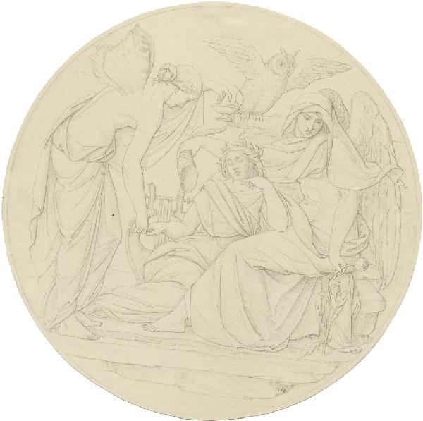 Henze, Robert: Nox; Psyche von Amor befreit: Psyche bei Nox; Psyche von Amor befreit. Zwei Bleistiftzeichnungen auf Velin, ein Blatt hellbraun laviert. D. 25 cm bzw. 26,4 cm. Beide Blätter signiert und datiert "R Henze 1861" und &