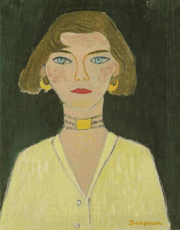 Diesner, Gerhild: Porträt einer Dame in Gelb: Porträt einer Dame in Gelb. Öl auf Leinwand. 50,5 x 40 cm. Unten rechts mit Pinsel in Gelb signiert. Gerhild Diesner studierte 1935-37 an der Chelsea School in London und an der School of Ar