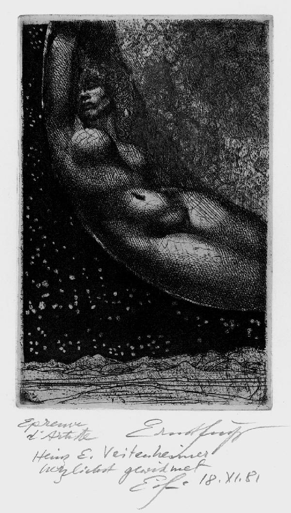 Fuchs, Ernst: Luna: Luna. Radierung mit Aquatinta auf gewalztem China. 16,9 x 10,9 cm (Plattenrand); 45,2 x 32,2 cm (Blattgröße). Signiert, datiert "18.XI.81", mit "Epreuve d'Artiste" b
