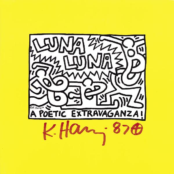 Haring, Keith: Luna Luna: Luna Luna. A poetic extravaganza! Karussel-Klappbild in Farboffset auf gelbem Karton. 30,5 x 30,5 cm (Heftgröße). In illustr. Orig.-Kartonheft. Auf der Umschlagaußenseite signiert und