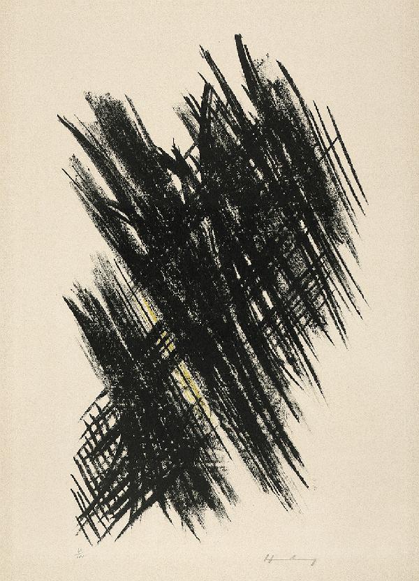 Hartung, Hans: L 13: L 13. Lithographie in Schwarz und Gelb auf chamoisfarbenem BFK Rives-Velin. 49,5 x 31 cm (Darstellung); 66,1 x 48,5 cm (Blattgröße). Signiert. Auflage 100 num. Ex. (1957). Schmücking L