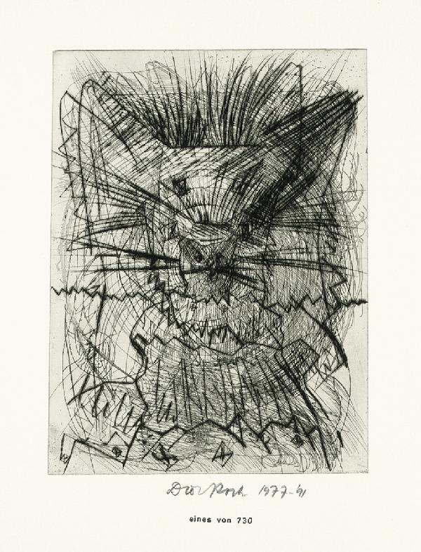 Roth, Dieter: Komposition I: Komposition I. Kaltnadel auf Velin. 29,9 x 22,6 cm (Plattenrand); 56,1 x 37,9 cm (Blattgröße). Signiert und datiert. Auflage 730 Ex. 1977-91. Dobke 484. Prachtvoller, gratiger Druck mit dem
