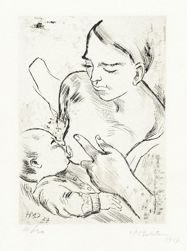 Pechstein, Max: Stillende Mutter: Stillende Mutter. Radierung mit Kaltnadel auf Japan. 24,7 x 17,7 cm (Plattenrand); 47,8 x 33,1 cm (Blattgröße). Signiert und datiert. Auflage 30 num. Ex (von insgesamt 100 Ex.). 1927. Kr&uu