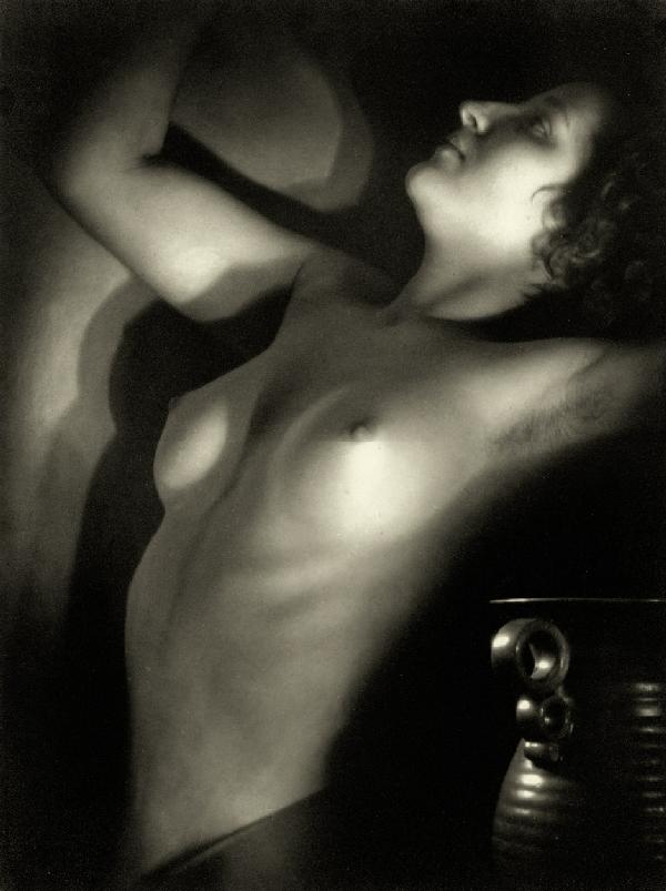 Peck, J. L.: Helen (Female nude with shadows): "Helen" (Female nude with shadows). 1940. Vintage large-format gelatin silver print. 40 x 30 cm. Mounted to original board (time-stained), signed, titled and dated by the photographer in pen