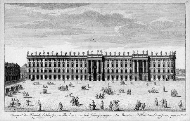 Berlin (Schleuen): Königliches Schloß: Berlin (Schleuen) - Prospect des Königl. Schlosses zu Berlin, wie sich selbiges gegen die Breite- und Brüder-Straße zu, praesentiret. Radierung. 20,8 x 32,2 cm. (Johann David Schleuen e