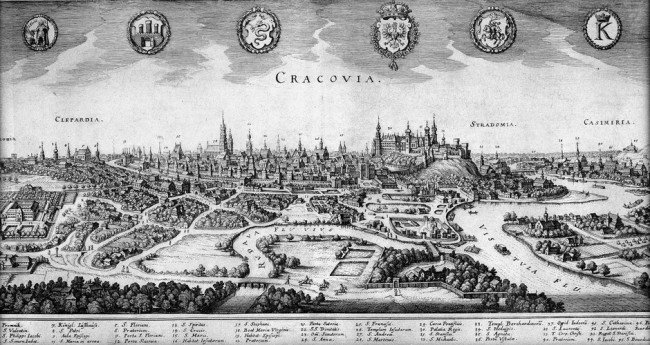 Krakau (Merian): Cracovia: Krakau. Cracovia. Gesamtansicht mit 6 Wappen im Himmel. Kupferstich. 20,3 x 38,2 cm. Aus einer Topographie von Merian. Um 1650. Ausgezeichneter Druck, oben und unten mit breitem Rand. An den Seiten bi