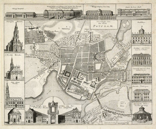 Potsdam: Grundriss von: Potsdam. Grundriss von der Stadt Potsdam. Umgeben von 13 kleinen Veduten der berühmtesten Gebäude. Anonymer Kupferstich. 36 x 44 cm. In der Art von Johann David Schleuen. Um 1740. Ausgezeich