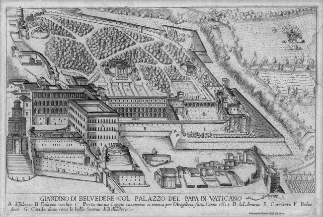 Rom - Vatican: Palazzo del Papa: Rom. Giardino di Belvedere col palazzo del Papa in Vaticano. Kupferstich. 23 x 34,3 cm. In Roma p. Gio. Domenico Rossi allaPace. 17. Jh.Ausgezeichneter Druck mit Rand. Das Papier etwas vergilbt und fa