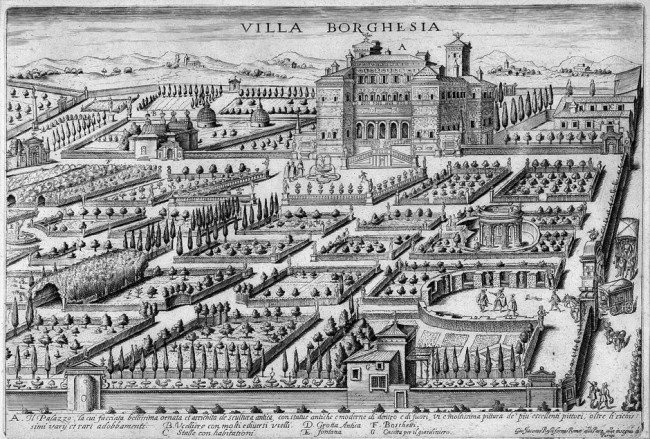 Rom / Tivoli: Villa Borghese / Villa d'Este: Rom / Tivoli - Villa Borghesia. Radierung. 23,6 x 34,8 cm. Gio. Jacomo Roßi formis Romae ... 17. Jh. Ausgezeichneter Druck mit Rand in frischer Erhaltung. Unauffälliger Stockfleck. - Beigege