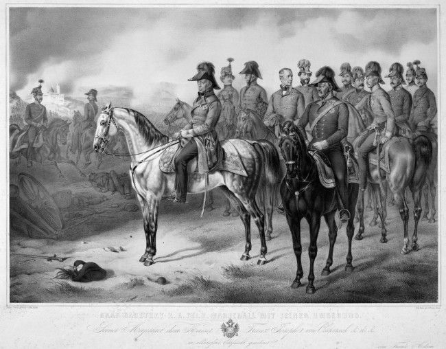 Radetzky, Graf: mit seiner Umgebung: Radetzky, Graf - Graf Radetzky K. K. Feld-Marschall mit seiner Umgebung (auf dem Schlachtfeld). Kreidelithographie. 54 x 69 cm. Nach d. Natur gemalt v. Albr. Adam. Auf Stein gez. v. Franz Adam. Mü