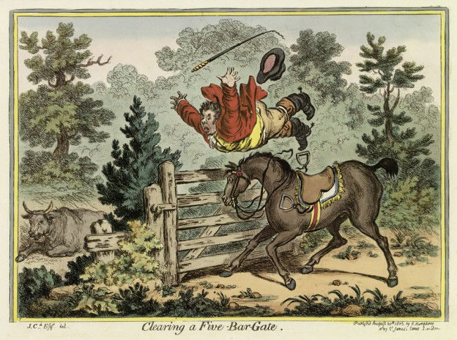 Pferde: Clearing a Five-Bar-Gate: Hounds Finding;: Hounds in Full-Cry; Hounds Finding; Clearing a Five-Bar-Gate. 3 Karikaturen. 3 Radierungen mit Aquatinta und kräftigem zeitgenöss. Kolorit. Je ca 25 x 35 cm. R. W. Esquire del. , Js. Gy. fec