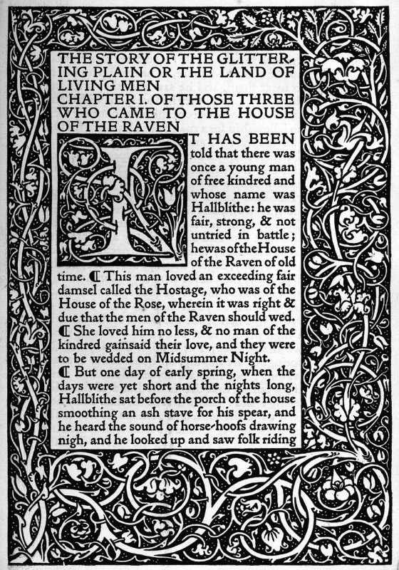 Morris, William: The Story of the Glittering Plai: Morris, William. The Story of the glittering Plain or the Land of living Men. 2 Bl., 188 S. Mit großer ornamentaler Holzschnittbordüre und 55 ornamentalen Initialen auf schwarzem Grund. 20,5