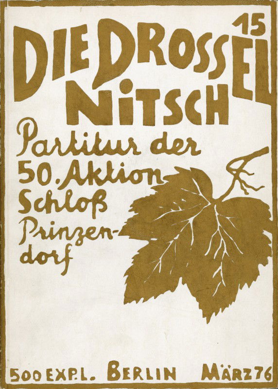 Nitsch, Hermann: Partitur der 50. Aktion + Projek: Nitsch, Hermann. Partitur der 50. Aktion - Schloss Prinzendorf. In: Die Drossel, Nr. 15. Herausgegeben von Günter Brus. Mitarbeit: Frank Dolch. 60 nn. Bl. 23 x 16 cm. Illustr. OUmschlag. Berlin,