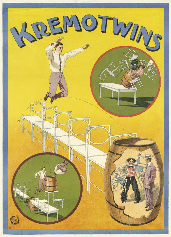 Friedländer, Adolph: Kremo Twins. Zirkusplakat. 1: Friedländer, Adolph (geb. 1860) Kremo Twins. Zirkusplakat. Farblithographie. Hamburg, Adolph Friedländer, o. J. (um 1905). Die "Stuhlnummer" der Kremo Twins, des amerikanischen K&#